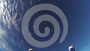 Skydivers jump from airplane falling in blue sky. Adrenaline. Summer. Extreme