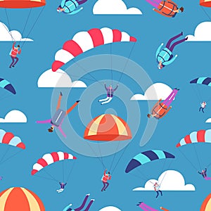 Skydivers, jumpers in sky vector seamless pattern