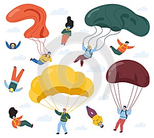 Skydivers with parachutes. Extreme parachuting and skydiving sport, people falling with parachutes. Sky jumpers vector
