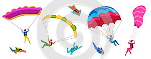 Skydivers. Professional skydiving, people jump with parachute, fly with paraglider. Active lifestyle hobby cartoon