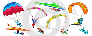 Skydivers. Skydiving adventure, people jump with parachute in sky, fly with paraglider and free flight. Cartoon vector