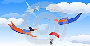 Skydivers sportsman in sky air, extreme sport vector illustration. Parachuting sport. Fun parachute jumping skydrivers.