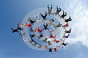 Skydiving big group of people formation