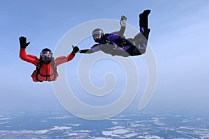 Skydiving in the blue sky. Two skydivers hold hands.