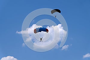 Skydiving. Canopy piloting in the blue sky.