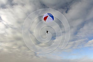 Skydiving. A circle color parachute is landing.