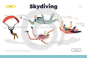 Skydiving concept of landing page with people jump with parachute. Group of parachutists paragliding