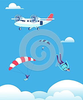 Skydiving concept. Parachutists jumping out of plane in blue sky. People skydivers vector illustration photo