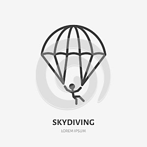 Skydiving flat line icon. Vector thin sign of parachute jumper, sky diving logo. Extreme activity illustration