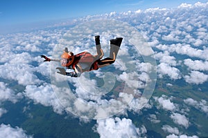 Skydiving. Girl dressed like a fox flies in the sky.