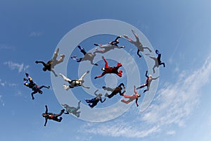 Skydiving. A group of falling people is in the blue sky.