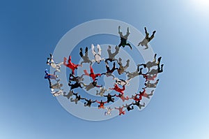 Skydiving group formation low angle view