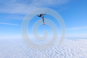 Skydiving. Group jump. Three skydivers are in the sky.