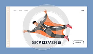 Skydiving Landing Page Template. Character in Wingsuit Flying Extreme Activity, Paragliding Xtreme Adventure, Sky Diving