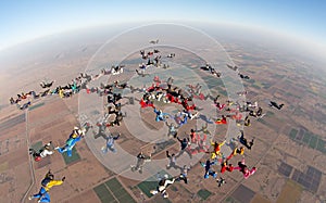 Skydiving large group formation high angle view