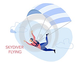 Skydiving and leisure activity concept. Skydiver flying with a parachute. Vector Illustration