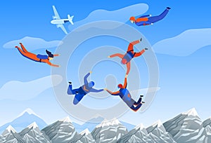 Skydiving man, extreme sport vector illustration. Parachuting sport. Fun parachute jumping skydrivers. Active hobby