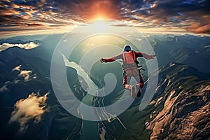 Skydiving in the mountains at sunset. Extreme adventure sport. Generative AI