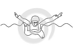 Skydiving one line drawing. Vector single continuous hand drawn of person jumping and flying from airplane. Adrenaline and extreme