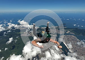 Skydiving over the Santos Port, São Paulo state, Brazil.