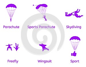 Skydiving and parachute sport vector flat icons