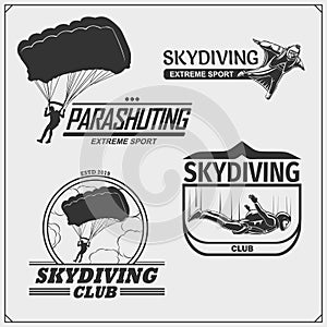 Skydiving and parachuting emblems. Sport club labels.