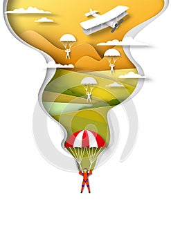 Skydiving, paragliding sport. People jumping with parachute, flying over hills and river, vector paper cut illustration.