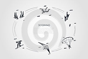 Skydiving - people in air jumping with parachute and skydiving vector concept set