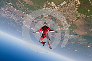 Skydiving photo. Extreme sport concept. Flying in a free fall.