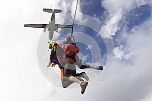 Skydiving photo. Tandem jump in freefall.