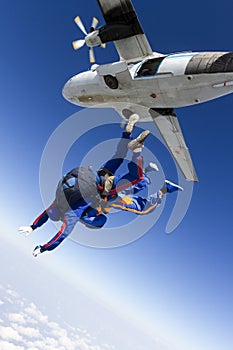 Skydiving photo. Tandem jump in freefall.