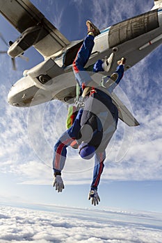 Skydiving photo. Tandem jump in freefall.