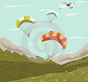 Skydiving scene with extreme sport lovers jumping from plane with parachute