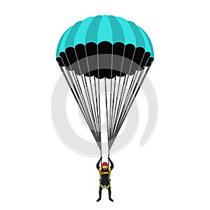 Skydiving school, academy set. Parachute pack, skydiver in flat