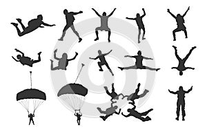 Skydiving silhouettes, Falling skydiver silhouette, Skydiver silhouette, Parachute skydiving silhouette, Skydiving