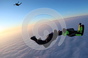 Skydiving. Sunset jump. Skydivers are above pink clouds.