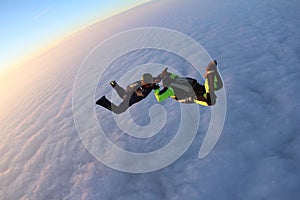 Skydiving. Sunset jump. Two skydivers are above pink clouds.