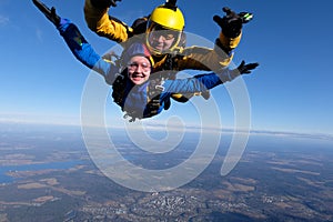 Skydiving. Tandem jump. Flight in the sky.