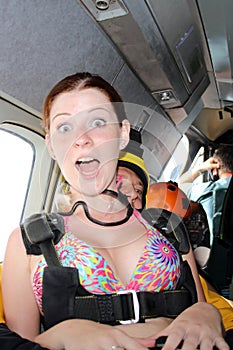 Skydiving. Tandem passenger before a jump.