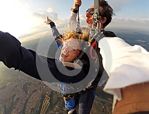 Skydiving tandem selfie pretty woman