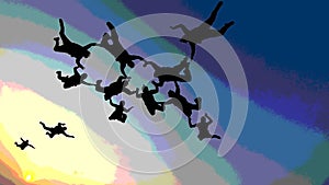 Skydiving team with filter posterized