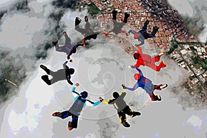 Skydiving team group formation illustration