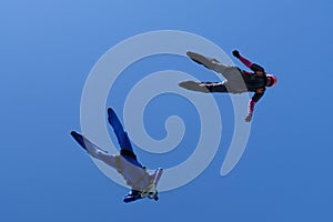 Skydiving. Two skydivers are flying in the sky. Bottom view.