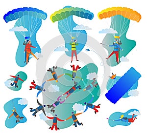 Skydiving vector illustration set. Collection of solo, tandem and group flights. Pilot with scared passenger and parachute.