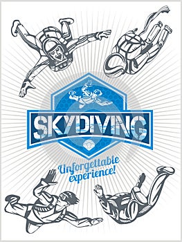 Skydiving. Vector set - emblem and skydivers.