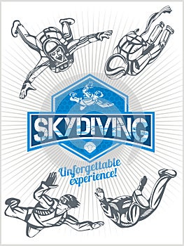 Skydiving. Vector set - emblem and skydivers. photo