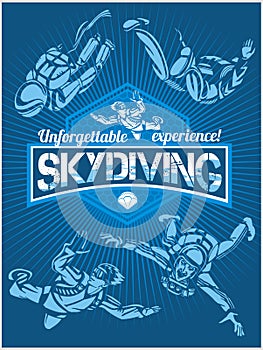 Skydiving. Vector set - emblem and skydivers.