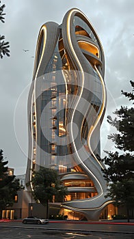 Skyhigh building with swirling urban design facade lit up at night