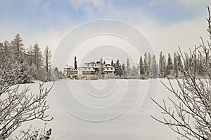 Skying resort hotel apartments building winter time forest landscape near frozen lake peaceful outdoor scenic view