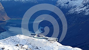 Skylift building in snow on Mount Hoven in Loen in Vestland in Norway